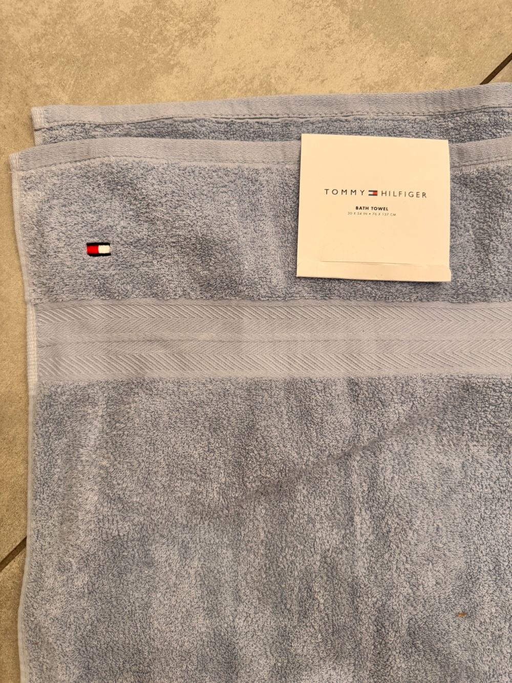 Tommy Hilfiger Pale Blue Cotton Bath Towel with Logo 30 X 76 in